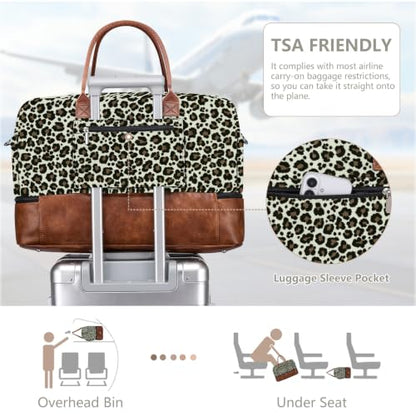 Large Women Travel Weekender Bag: Carry on Duffle with Shoe Compartment - color: Brown Leopard Print