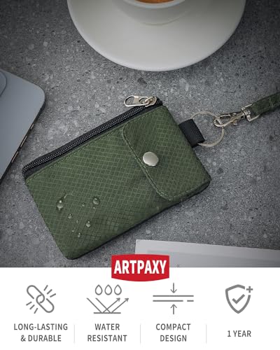 Artpaxy Minimalist Wallet For Mens Womens, Keychain RFID Blocking Zipper Small Wallet with ID Window 2 Lanyards,Water Resistant Travel Cash Card Coin Case Boys Girls - color: Army Green