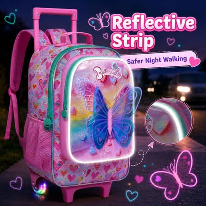 AGSDON 3PCS Rolling Backpack for Girls Boys, Kids Roller Wheels Bookbag, Wheeled School Bag with Lunch Bag - color: Rolling Butterfly Pink Backpack