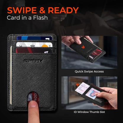 RUNBOX Slim Wallet for Men and Women, RFID Blocking Leather Card Holder - color: Cross Black
