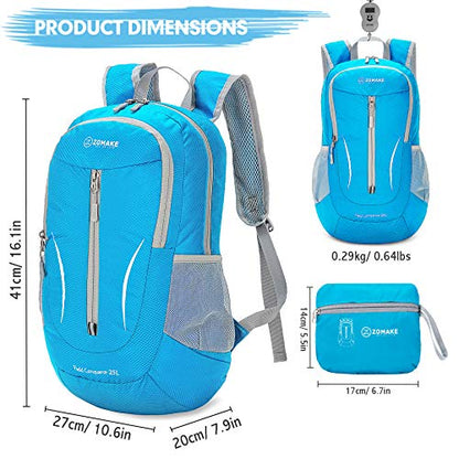 ZOMAKE Lightweight Packable Backpack 25L, Foldable Hiking Daypack - color: Light Blue