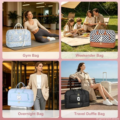 Girl Teen Women Birthday Gift Initial Weekender Bag for Women Overnight Bag - color: Black Diamond Quilted, style: E