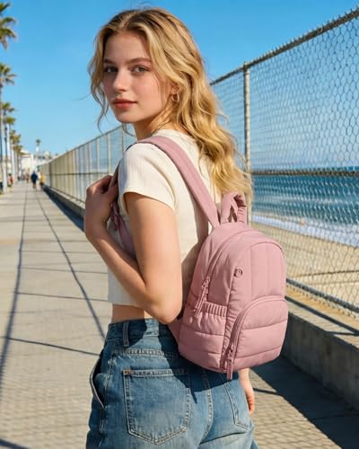 BAGSMART Mini Backpack for Women, Lightweight Puffer Backpack Purse, Quilted Casual Daypack, Water-Resistant Bookbag - color: Dark Pink