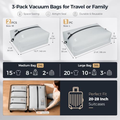 3PCS Vacuum Bags for Travel with Pump, Reusable, Waterproof, Grey - color: Grey White