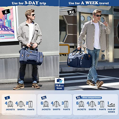 Gonex Canvas Duffle Bag, Expandable 50L Travel Overnight Weekender Bag - color: Blue, size: Large-50L (Without Shoe Compartment)