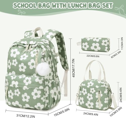 ACESAK 3PCS Corduroy Girls Backpack w/Lunch Box & Pencil Bag (Green Flower) - color: Green Flower