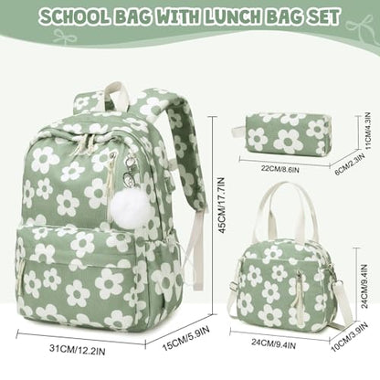 ACESAK 3PCS Corduroy Girls Backpack w/Lunch Box & Pencil Bag (Green Flower) - color: Green Flower