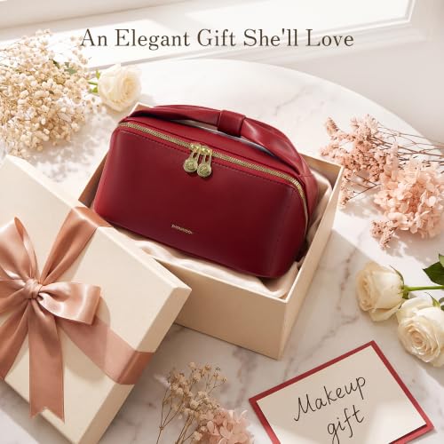 SHOWKOO Cosmetic Bag for Women, WideOpen Travel Makeup Bag with Compartment - color: Wine Red