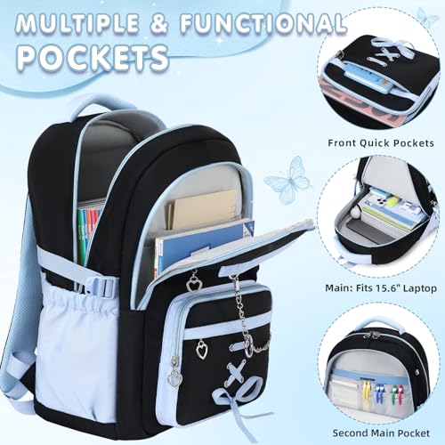 GeeWin Backpacks for Girls, Girls Backpack with Lunch Box & Pencil Case Set - color: Black Blue