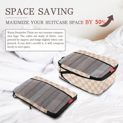 U+U 4 Set Compression Packing Cubes, Travel Organizers (Khaki Checkered) - color: Khaki Checkered, size: 4 Set