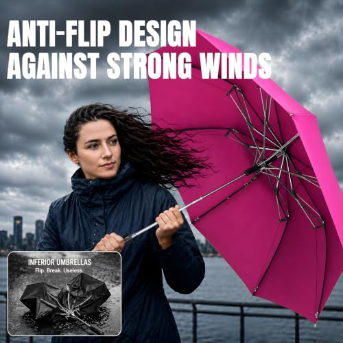 Collapsible Windproof Umbrella Travel - 42inch Auto Open & Manual Close - color: 06.Rose Red