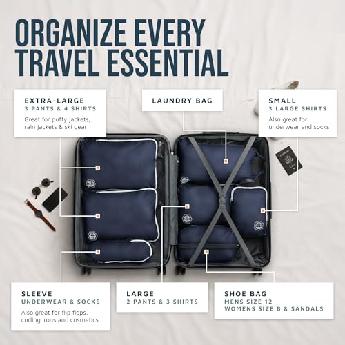TRIPPED Travel Gear Large Compression Packing Cubes 7-Piece Set for Travel - color: Navy/White