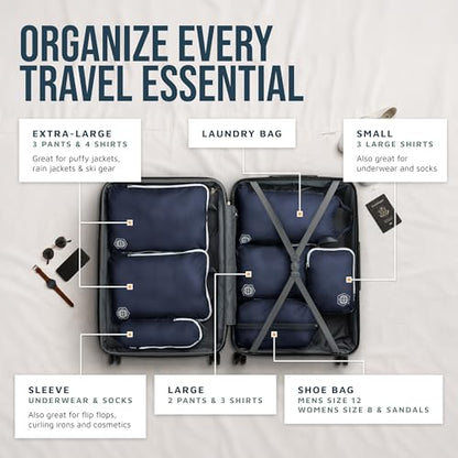 TRIPPED Travel Gear Large Compression Packing Cubes 7-Piece Set for Travel - color: Navy/White