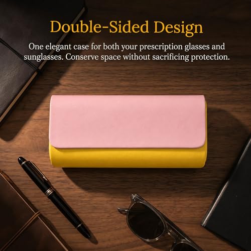 Double Sided Glasses Case Hard Shell,Sunglasses Case & Eyeglass Case with Cleaning Cloth & Storage Pouch - color: Pink-yellow