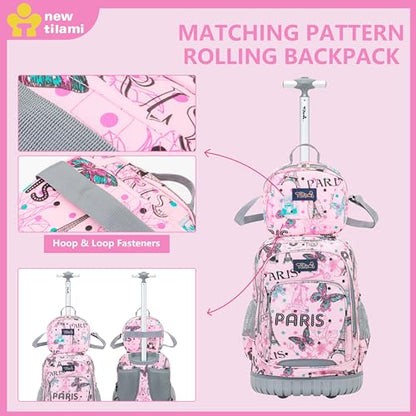 NEW TILAMI 18 Inch Rolling Backpack with Lunch Bag for Girls Boys School - color: Pink Paris