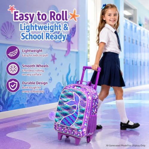 AGSDON 3PCS Rolling Backpack for Girls Boys, Kids Roller Wheels Bookbag, Wheeled School Bag with Lunch Bag - color: Mermaid Upgrade 2