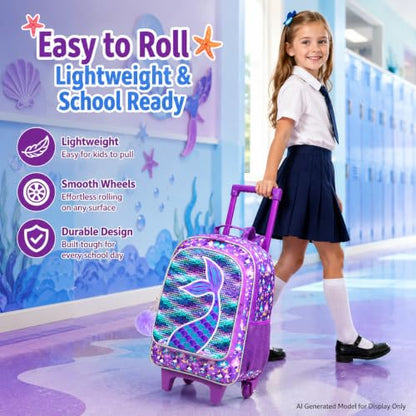 AGSDON 3PCS Rolling Backpack for Girls Boys, Kids Roller Wheels Bookbag, Wheeled School Bag with Lunch Bag - color: Mermaid Upgrade 2