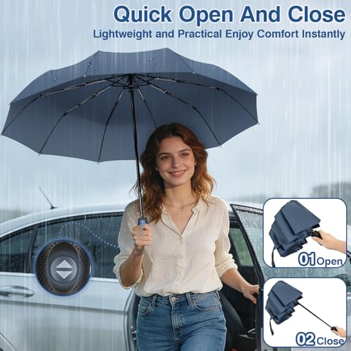ZOMAKE Travel Umbrella Compact - 10 Ribs Portable Collapsible Umbrellas for Rain Windproof - Paraguas Automatic Small Folding Umbrella Lightweight Packable Umbrella for Women Men - color: Grey Blue