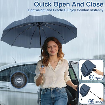 ZOMAKE Travel Umbrella Compact - 10 Ribs Portable Collapsible Umbrellas for Rain Windproof - Paraguas Automatic Small Folding Umbrella Lightweight Packable Umbrella for Women Men - color: Grey Blue