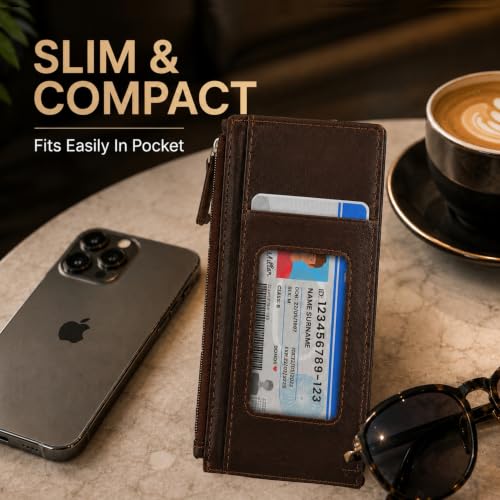 Leatherboss Genuine Leather Women's All in One Credit Business Card Case Holder Slim Zipper Wallet With a Card Protection Strap, Brown - color: Brown