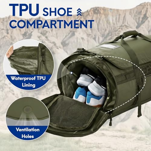 Haimont Heavy Duty Convertible Travel Duffel Backpack, Army Green, 45L - color: Green, size: 45L