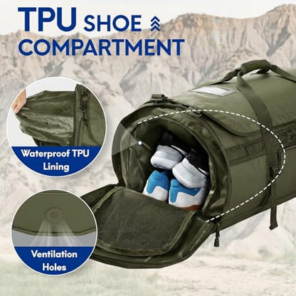 Haimont Heavy Duty Convertible Travel Duffel Backpack, Army Green, 45L - color: Green, size: 45L