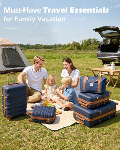 LONG VACATION Luggage Set 6 Piece Luggage ABS hardshell TSA Lock Spinner Wheels Luggage Carry on Suitcase (NAVY, 6 piece set) - color: NAVY, size: 6-Piece Set