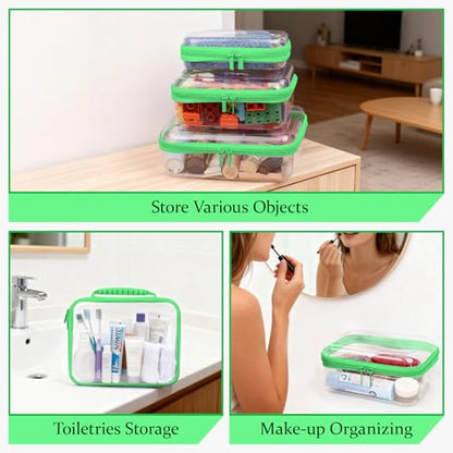 3 PCS Clear Zipper Pouches with Handle, Diaper Bag Organizer, Clear Makeup Bags Hardshell Toy Storage Bins with Zipper Toiletry Pouch Bag for Cosmetics Pencils Puzzles, Building Blocks(Green) - color: Green-3pc