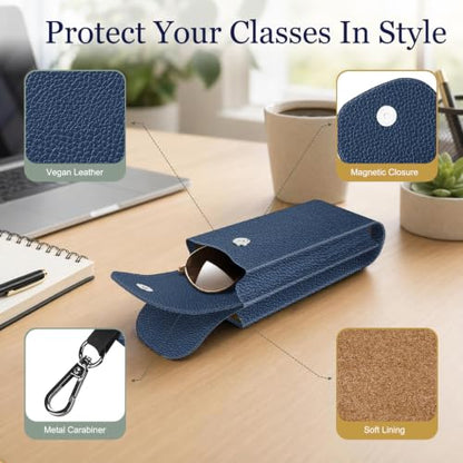 FINTIE Double Glasses Case with Carabiner Hook, Vegan Leather Eyeglass Case - color: Navy