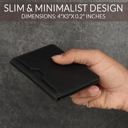 FOXHACKLE Full Grain Leather Credit Card Holder for Men and Women, Slim Bifold RFID Blocking Wallet, Thin Front Pocket Minimalist Wallet, Small Card Case. - color: Matte Black