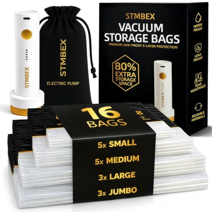 16 Pack Vacuum Storage Bags with Electric Pump for Clothing, Home & Travel