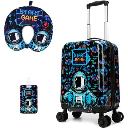 Kids Luggage Set Carry On Rolling Suitcase with U shaped Pillow Toddler Suitcase for Boys Travel Set Rocket Hardside Luggage with Spinner Wheels Airline Approved - color: 1 Astronaut