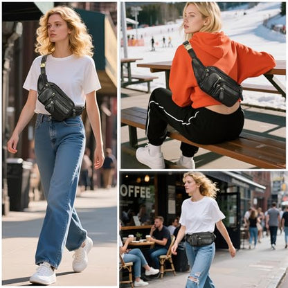 Genuine Leather Fanny Pack large capacity Crossbody Waist Bag with Zipper phone Pockets black - color: Black