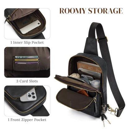 S-ZONE Genuine Leather Sling Bag for Women Men RFID Blocking Card Slots - color: Black