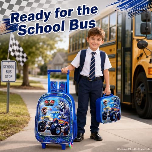 3Pcs Truck Rolling Backpack for Boys, Kids Wheel Backpack with Lunch Box, Lightweight Roller Backpack with Light-Up Wheels for Elementary Preschool Kindergarten (Blue) - color: Truck Blue