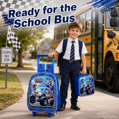 3Pcs Truck Rolling Backpack for Boys, Kids Wheel Backpack with Lunch Box, Lightweight Roller Backpack with Light-Up Wheels for Elementary Preschool Kindergarten (Blue) - color: Truck Blue