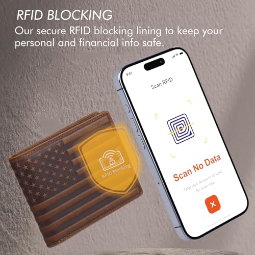 Pefiam Full Grain Leather Wallet for Men, RFID Blocking, Mens Wallet Bifold with 2 ID Windows, Billfold with 13 Card Slots, Leather Gift for Men, American Flag Wallet Dark Brown - color: Dark Brown (Crazy Horse Leather)