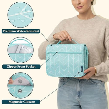 PAVILIA Hanging Toiletry Bag for Women, Travel Cosmetic Organizer, Teal - color: Teal Chevron