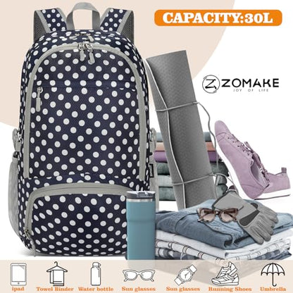 ZOMAKE Lightweight Packable Backpack 30L, Foldable Travel Hiking Daypack - color: D-navy Blue,white Polka Dots