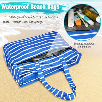 HUANLANG Extra Large Beach Bag Waterproof Beach Totes Bags for Women Men,Pool Bag with Zipper Wet Pocket - color: Blue and White