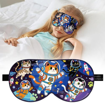 Kids Silk Sleep Mask, 100% Mulberry Silk Eye Mask with Adjustable Strap - color: Space Cat Style