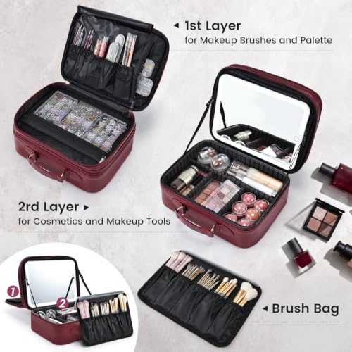 Makeup Bag with LED Lighted Mirror 12.2 IN Cosmetic Train Case Double Layer - color: 12.2 Inch Red