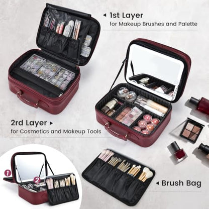 Makeup Bag with LED Lighted Mirror 12.2 IN Cosmetic Train Case Double Layer - color: 12.2 Inch Red