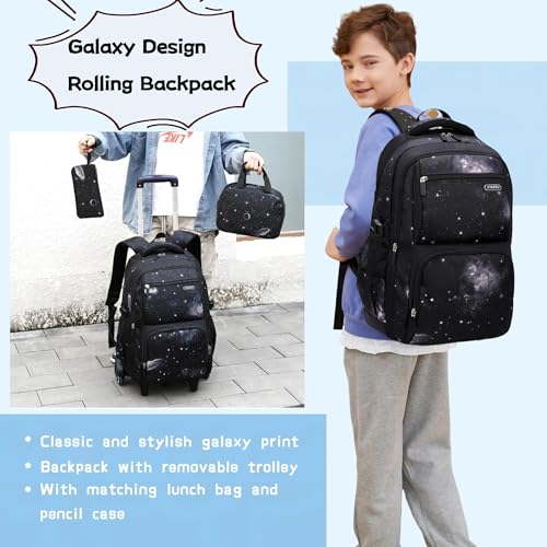 3Pcs Galaxy Boys Rolling Backpack Set with Lunch Bag, Galaxy Print Kids Backpack for Boys with Wheels - color: 3pcs-galaxy-black+blue