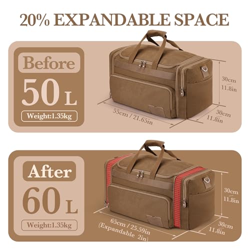 SHOWKOO Duffle Bag for Travel 60L Expandable Canvas Travel Bag - color: Coffee