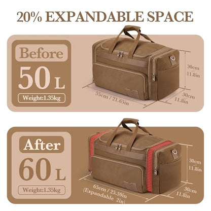 SHOWKOO Duffle Bag for Travel 60L Expandable Canvas Travel Bag - color: Coffee