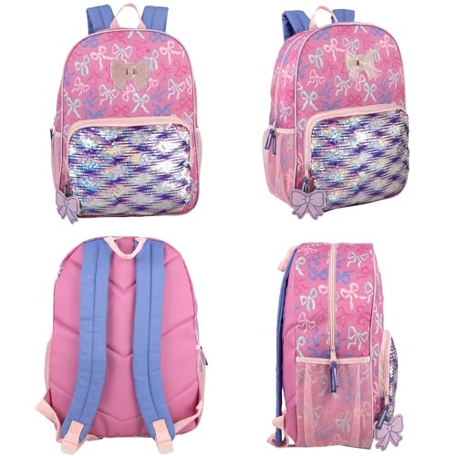Trail maker 16.5 Inch Girls School Backpack 6 in 1 Set with Lunch Bag, Pencil Case, Keychain, Bracelet, Carabiner Clip Attached (Bows & Sequins) for Travel, Commute - color: Bows & Sequins