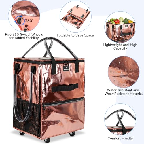 Large Reusable Grocery Bag On 5 Wheels, 130L Foldable Rolling Tote Bag - color: Rose Gold, size: Large