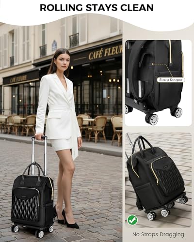 Ytonet Rolling Backpack for Women, 15.6 Inch Laptop Backpack with 4 Wheels - color: Black