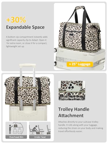 Capolo Expandable Travel Duffle Bag Weekender Overnight Bags for Women Men - color: Leopard, size: Large